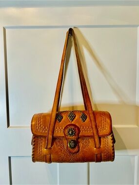 Vintage Tooled Leather Handbag Embossed Floral Brass Studded Shoulder Bag